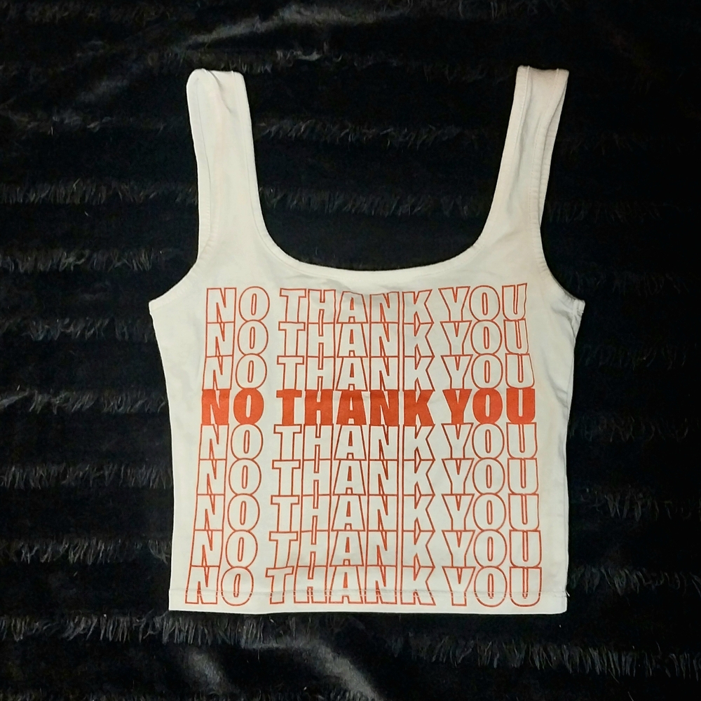 Dolls Kill White Crop Top with Red No Thank You Print CURRENT MOOD